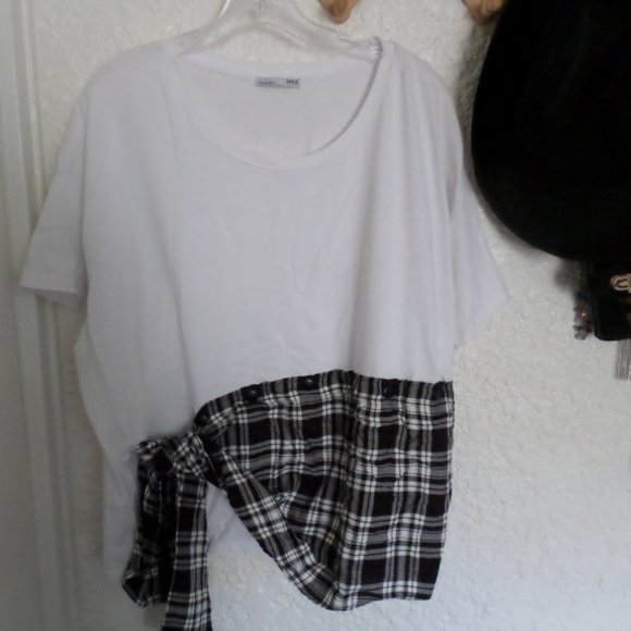 Zara Oversized White Plaid Asymmetrical Tee M - Picture 3 of 5